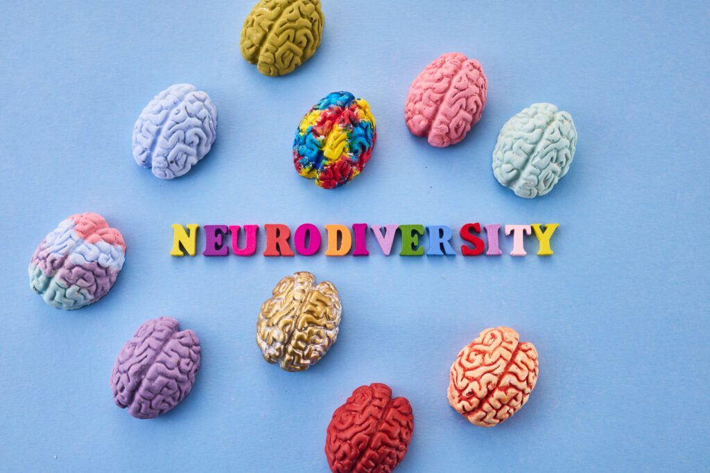 Colorful brain models arranged around the word “Neurodiversity” representing different learning styles and neurological diversity.